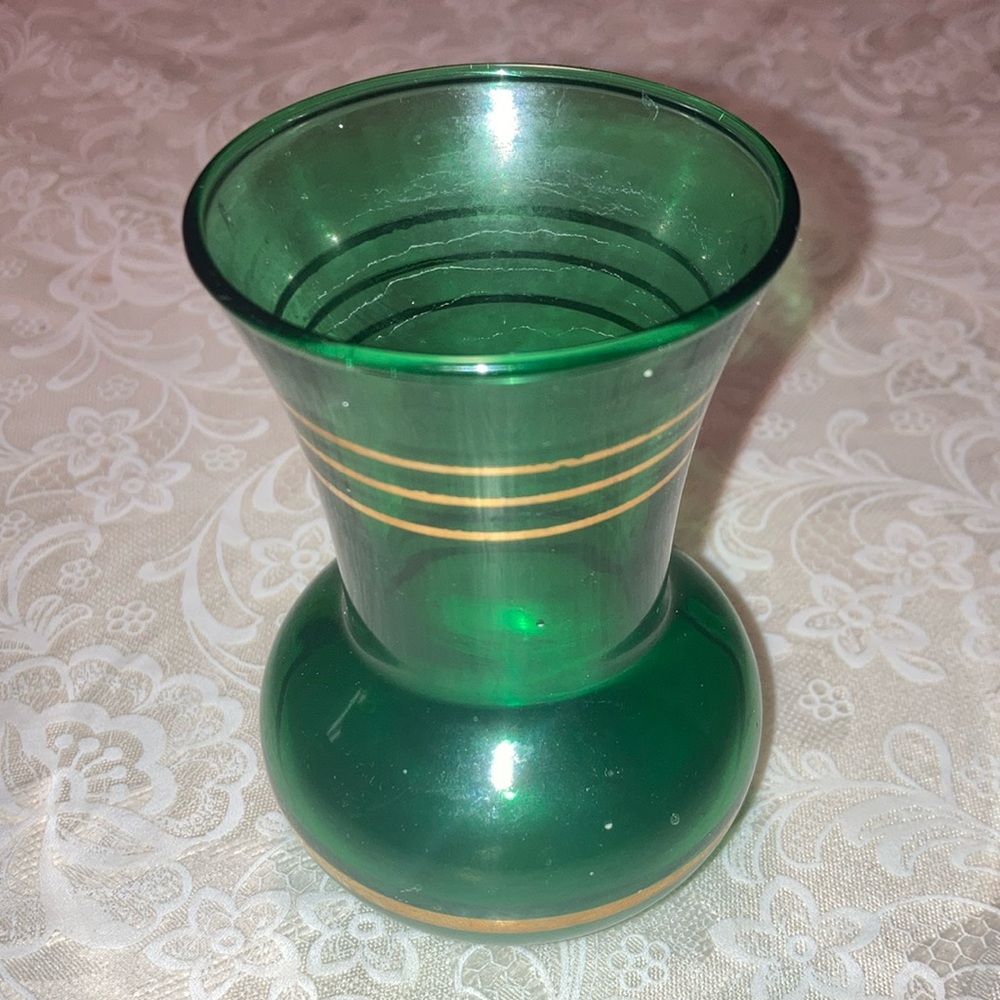 MCM green glass 4” high vase with gold rings for decoration.   $15